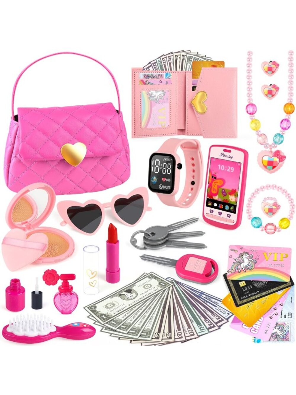 38Pcs Play Purse Set with Watch & Phone - Pretend Play for Girls Age 3-6